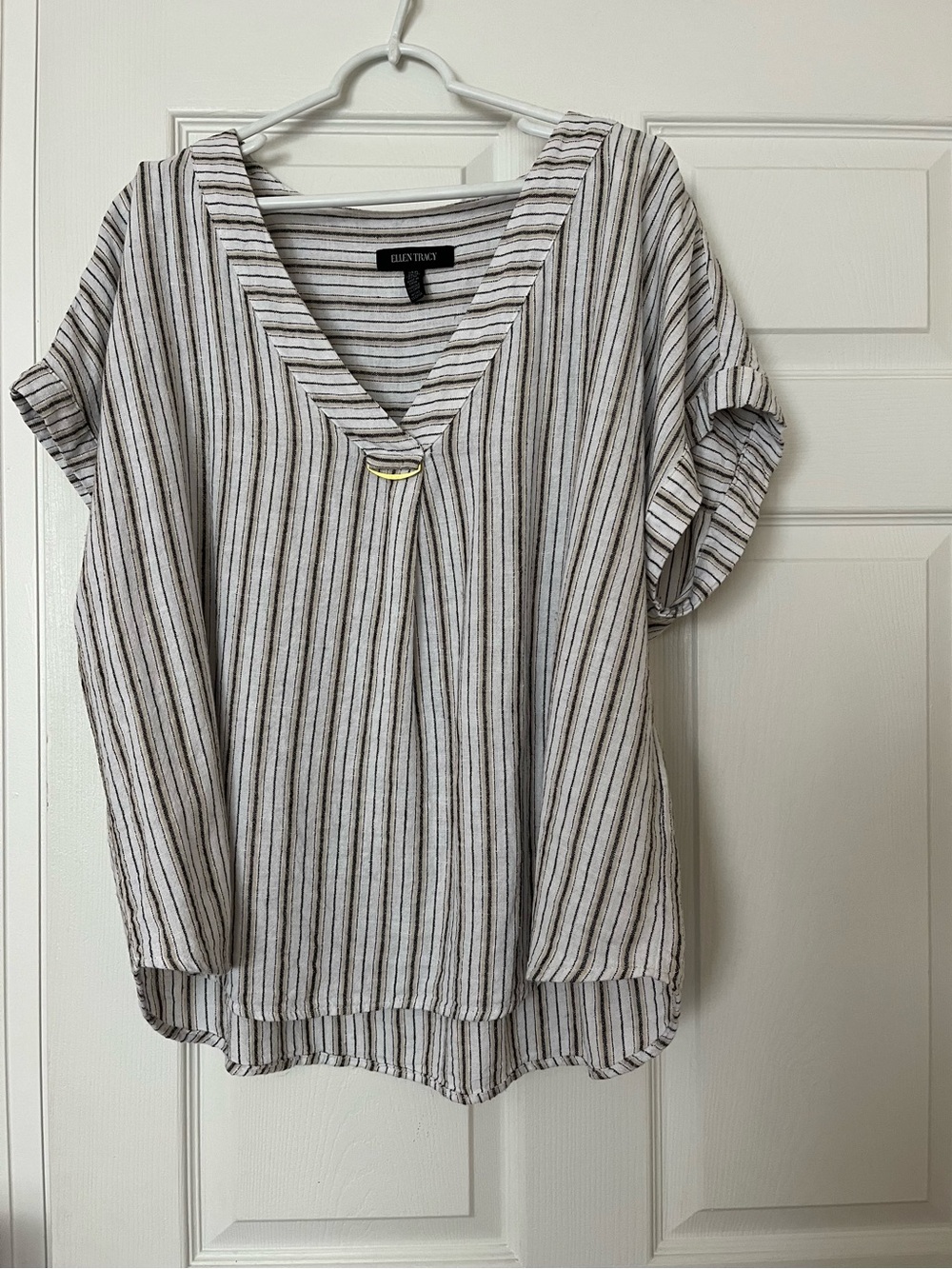 Ellen Tracy Ivory, Tan & Gray Striped V-Neck Tunic